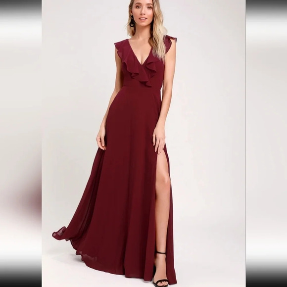 Lulu's Feel the Rush Burgundy Ruffled Lace-Up Backless Maxi Dress NWOT - Picture 1 of 11
